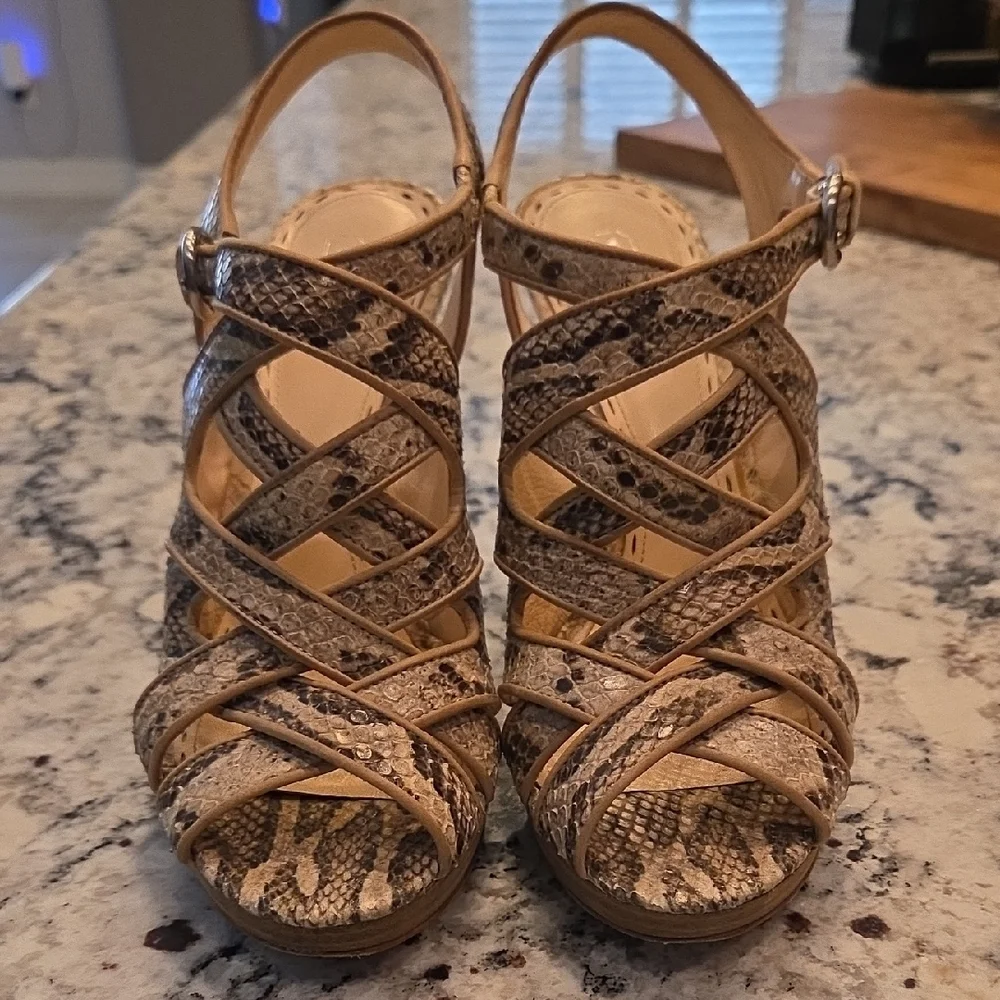 Coach Snakeskin Strappy Heels in Tan and Brown - Picture 4 of 10